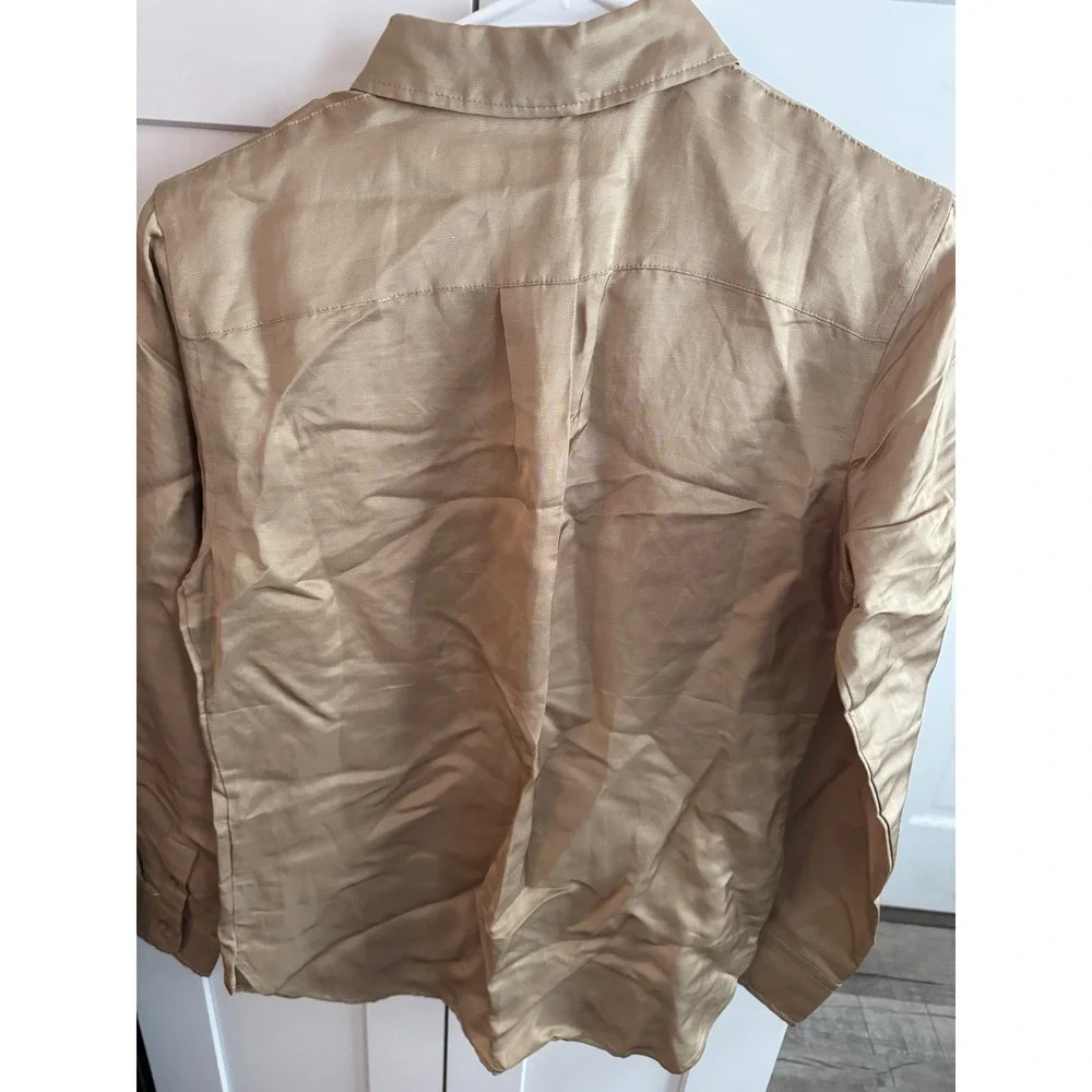 Lauren Ralph Lauren Gold Champagne Button Down Utility Shirt Blouse Petite Small